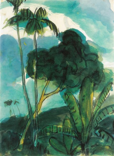 Emil Nolde, Landschaft mit Palmen, 1913/14, Aquarell und schwarze Tusche, 45,5 x 34,4 cm © Sammlung der Nolde-Stiftung Seebüll