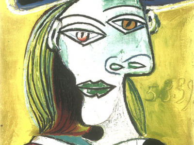 Frau mit blauem Hut und rotem Band, 1939, Öl auf Leinwand, 55 x 38 cm © Succession Picasso / VBK Wien 2000