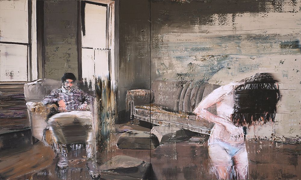 Andy Denzler, Wallpaper Falling off the Wall, 2014, Oil on canvas, 180 x 300 cm (Zweiteilig) © Andy Denzler