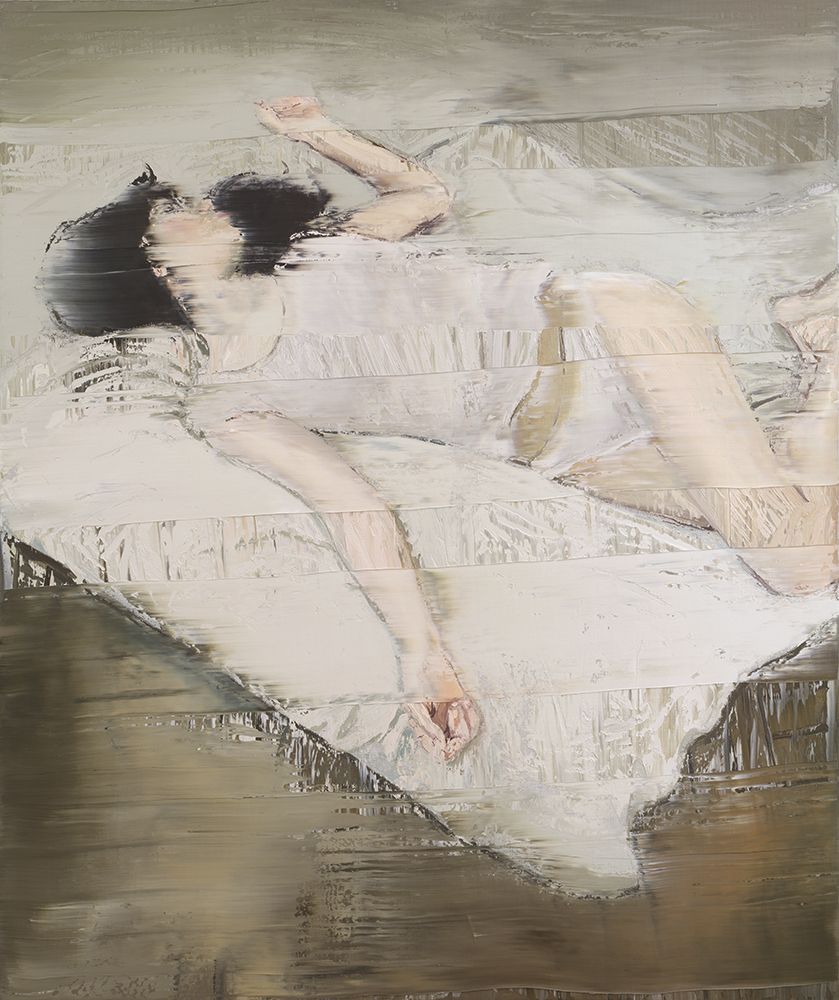 Andy Denzler, Woman with White Shirt on a White Cover, 2018, Oil on canvas, 180 x 150 cm © Andy Denzler