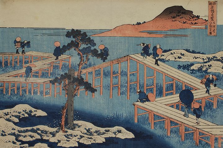 Katsushika Hokusai, Seltene Ansichten berühmter Brücken in verschiedenen Provinzen: Die achtteilige Brücke bei Mikawa, um 1831/32, Farbholzschnitt, 23 x 34,5 cm © Privatsammlung, Wien