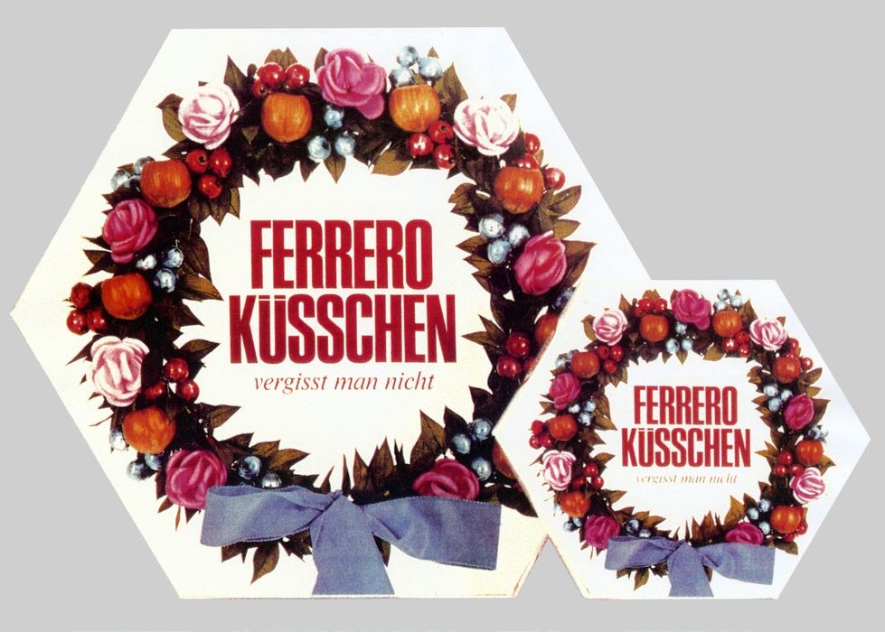 Verpackungsdesign und Produktname Ferrero Küsschen, 1966 © GALERIE GMURZYNSKA ZURICH