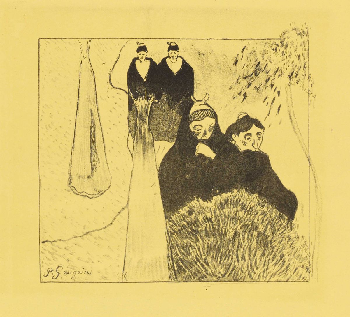 Paul Gauguin, Die alten Jungfern von Arles, 1889, Suite Volpini, Zinkografie auf kanariengelbem Velinpapier 19,2 x 20,8 cm © Albertina, Wien