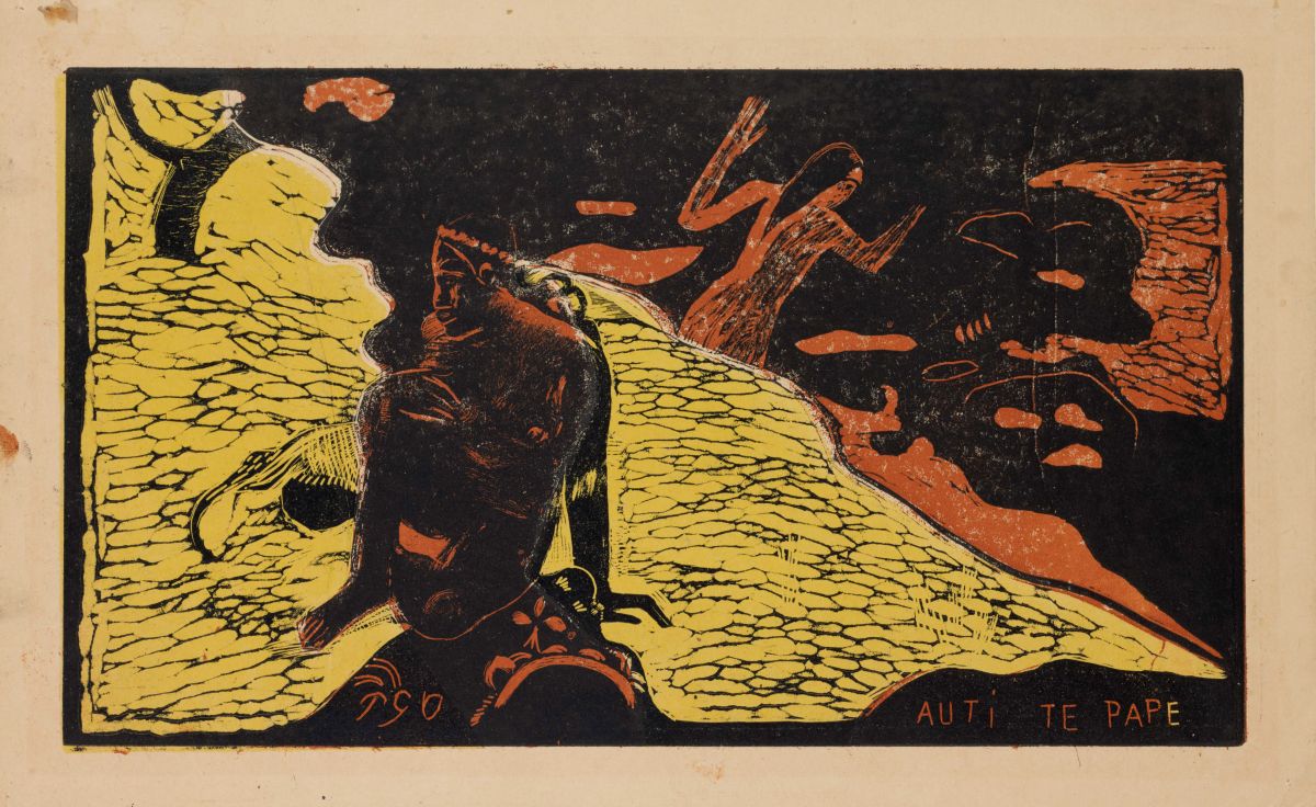 Paul Gauguin, Auti Te Pape – Spiel im Süßwasser, 1893/94, Noa Noa Suite, Holzschnitt in Schwarz, Orangebraun und Gelb auf Simili Japanpapier, 20,3 x 35,6 cm, Privatbesitz © Galleri K, Oslo