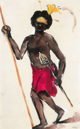 Emil Nolde, Eingeborener mit Waffen, 1913/14, Aquarell, schwarze Tusche und Deckweiß, 48,4 x 30,6 cm © Sammlung der Nolde-Stiftung Seebüll