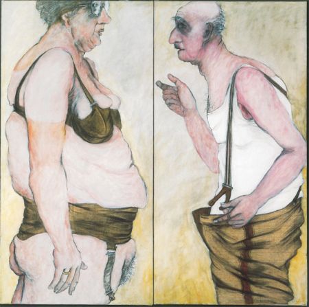 Adolf Frohner, Mann und Frau, 1972, Acryl, Graphit, Collage auf Leinen, 100 x 100 cm, H.I. Steineck © Courtesy the Artist