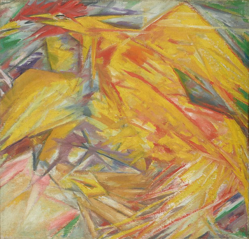 Michail Larionow, Hahn und Henne, 1912. Öl auf Leinwand, 68,2 x 65,5 cm. Foto: © Staatliche Tretjakow-Galerie, Moskau © Bildrecht, Wien, 2015